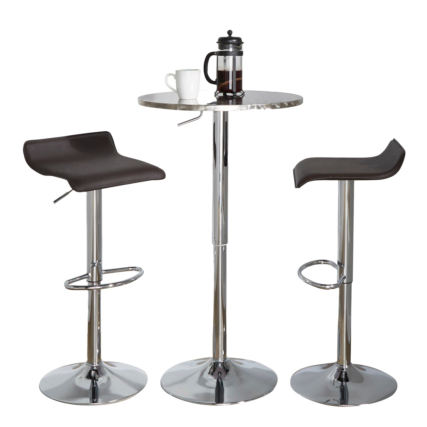 RoundContemporary Adjustable Bar Set in Silver and Chrome Metal with Brown PVC and Oval Footrest - 3 Piece