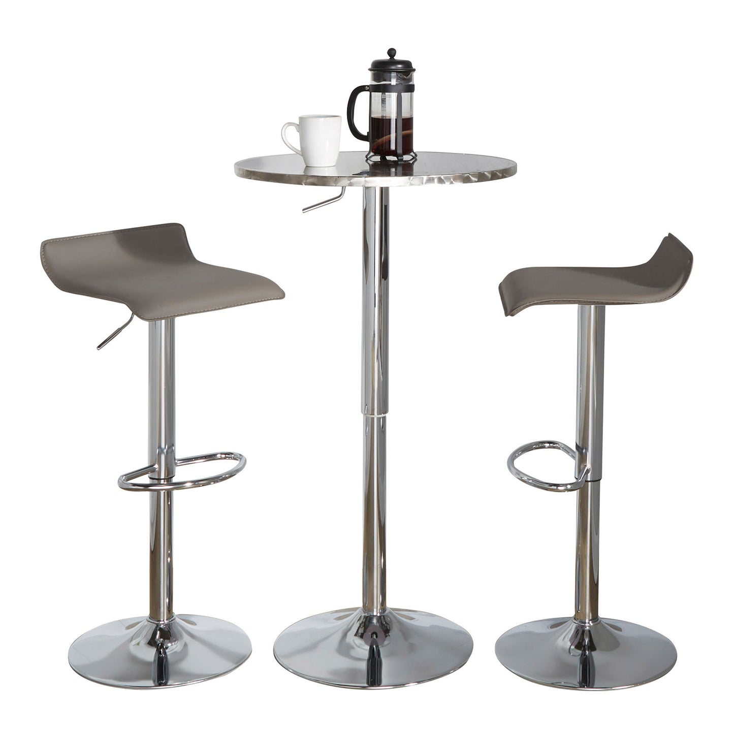 RoundContemporary Adjustable Bar Set in Silver and Chrome Metal with Grey PVC and Oval Footrest - 3 Piece