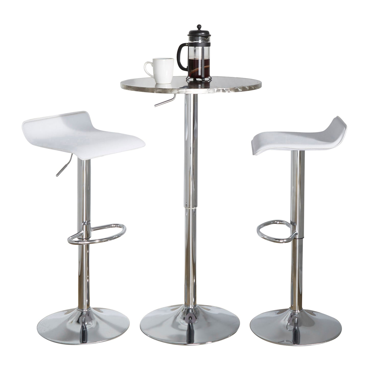 RoundContemporary Adjustable Bar Set in Silver and Chrome Metal with White PVC and Oval Footrest - 3 Piece