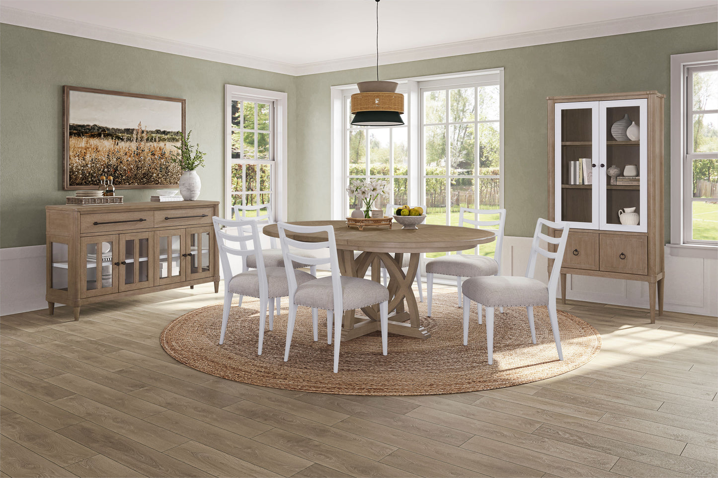 Round Expandable Table 4 Ladderback white Chairs Glass Front Server and Display Cabinet