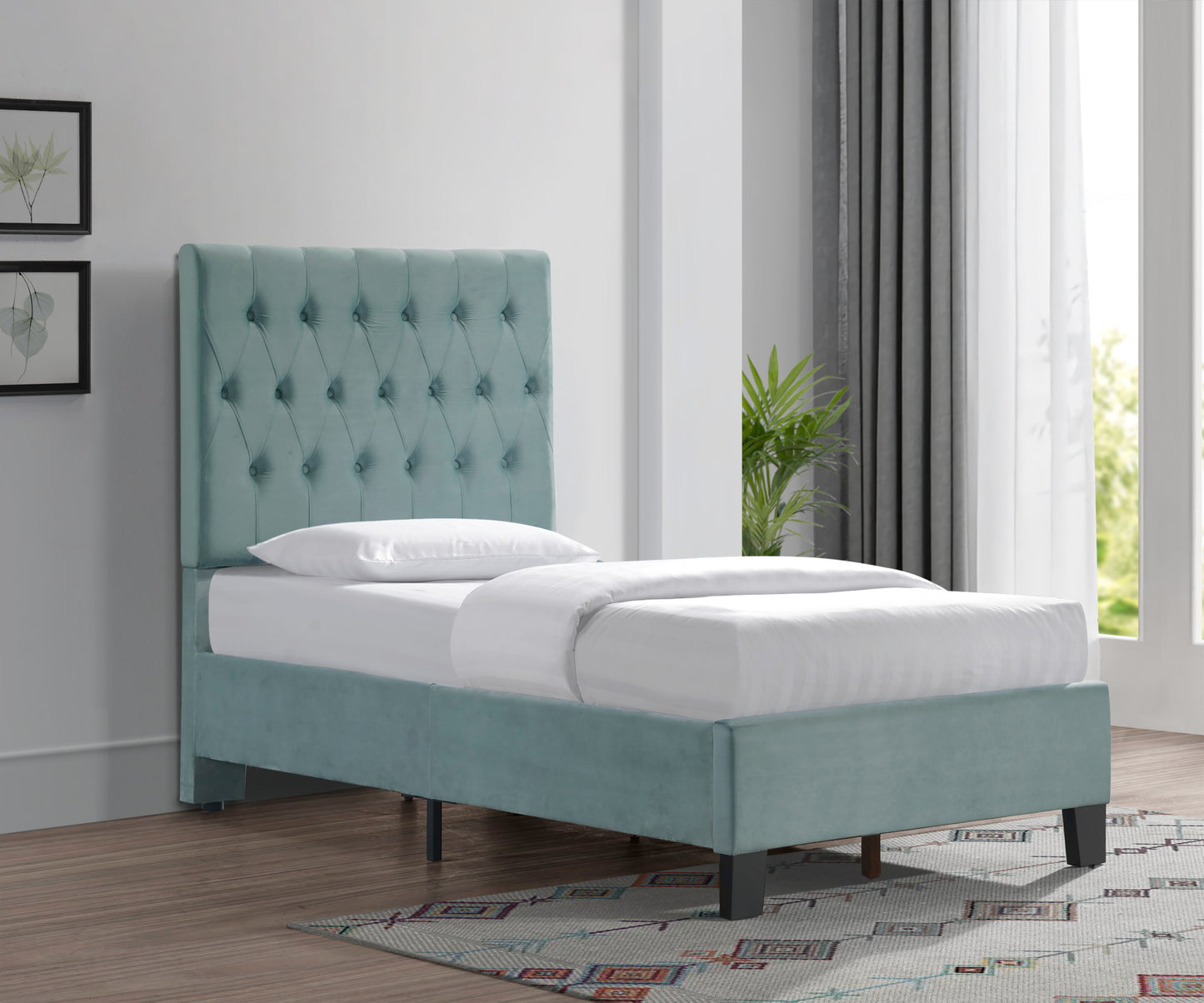Blue Twin Upholstered Bed - Comfortable Guest Room Style