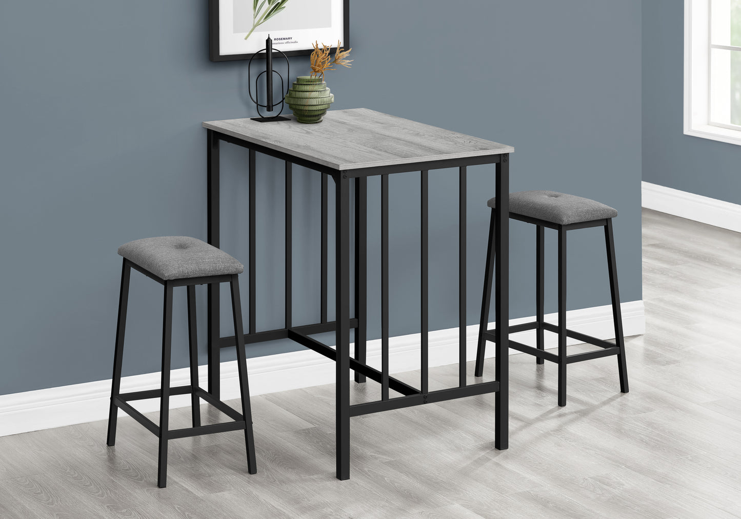 Dining Set, 3pcs Set, Counter Height, 36" Rectangular, Small, Kitchen, Grey Laminate, Black Metal, Contemporary, Modern
