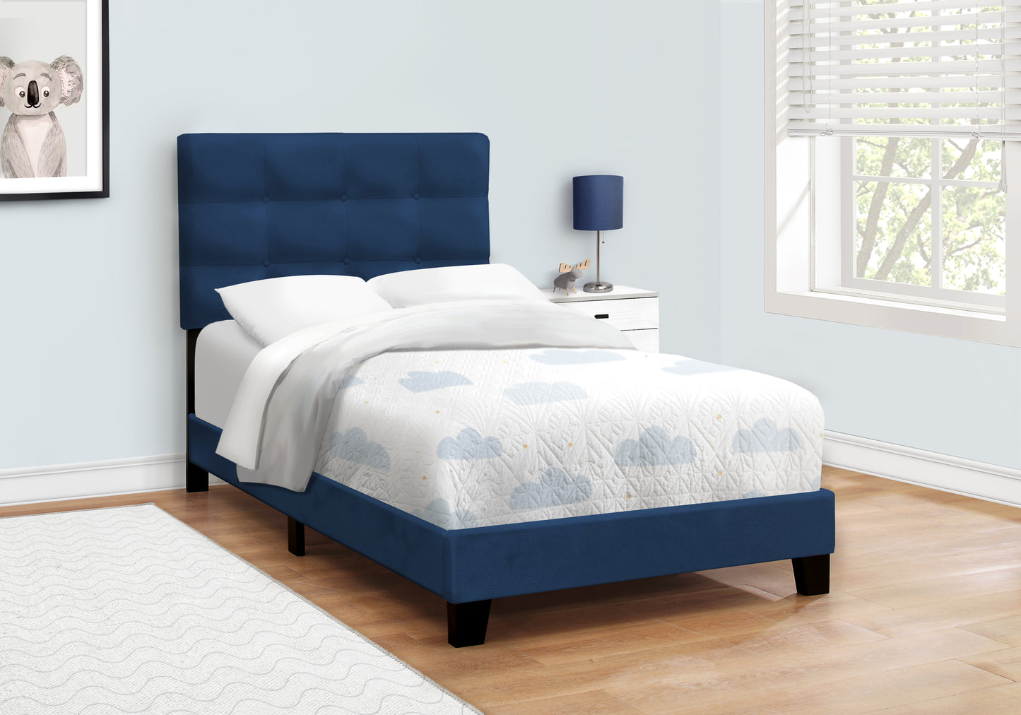 Bed, Twin Size, Upholstered, Bedroom, Frame Only, Youth, Teen, Juvenile, Blue Velvet, Transitional