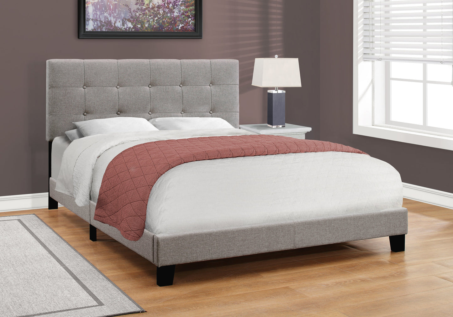 Bed, Queen Size, Bedroom, Upholstered, Grey Linen Look, Transitional