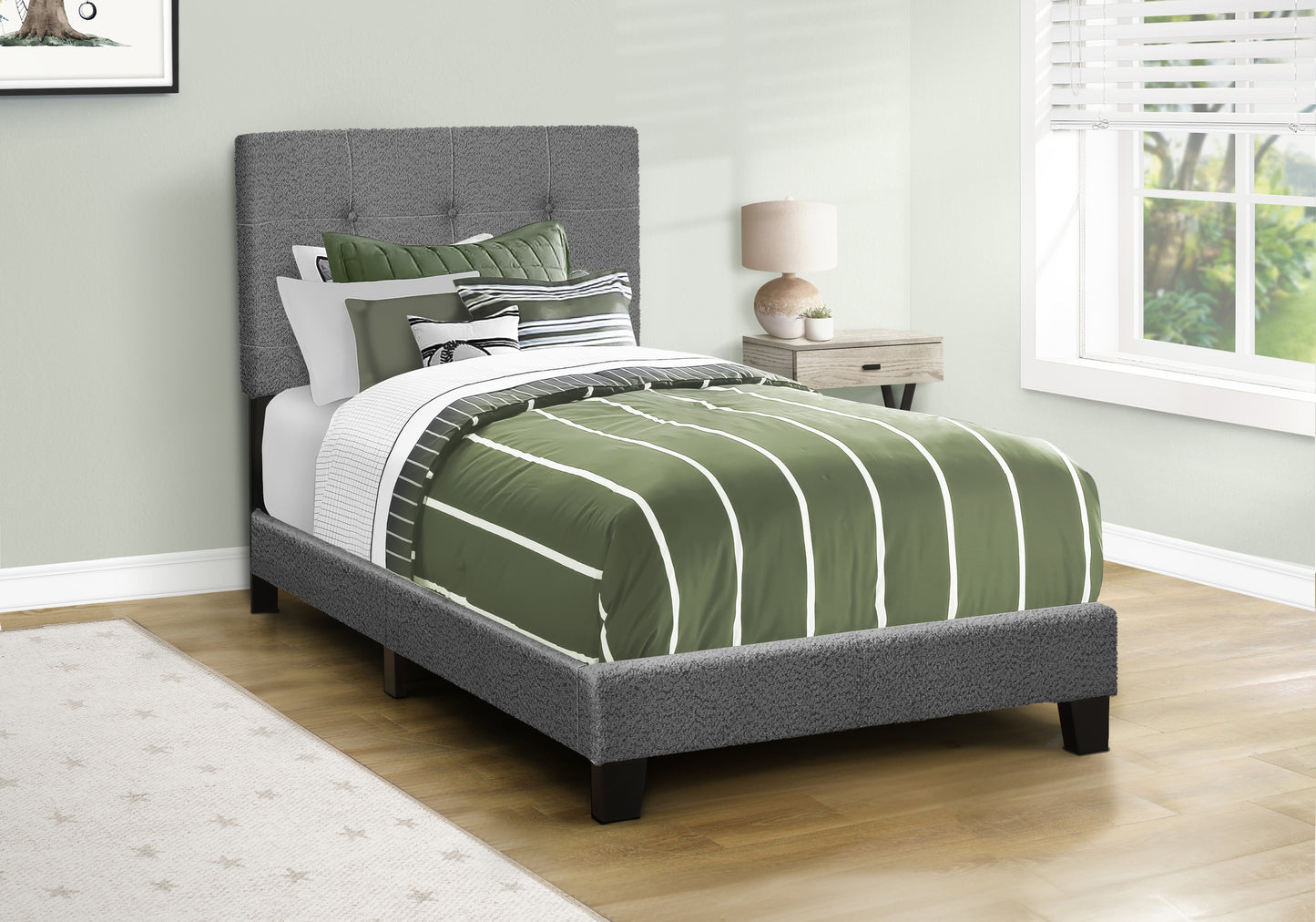 Bed, Twin Size, Upholstered, Bedroom, Frame Only, Youth, Teen, Juvenile, Dark Grey Boucle, Transitional