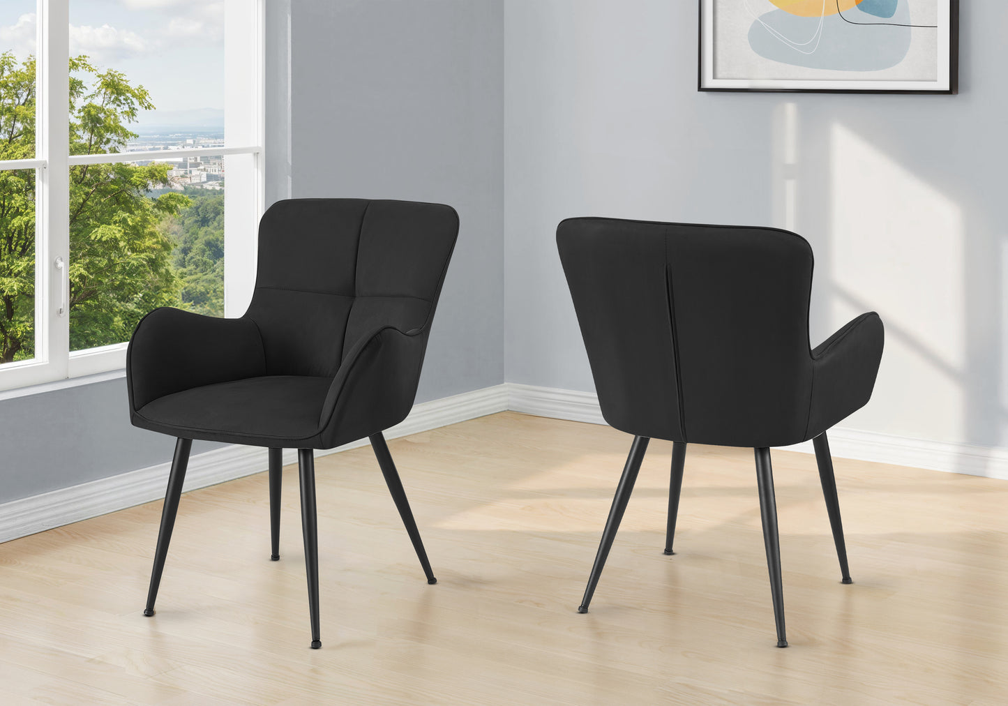 Dining Chair, 33" Height, Set Of 2, Upholstered, Side, Dining Room, Kitchen, Black Suede Look, Black Metal, Contemporary, Modern