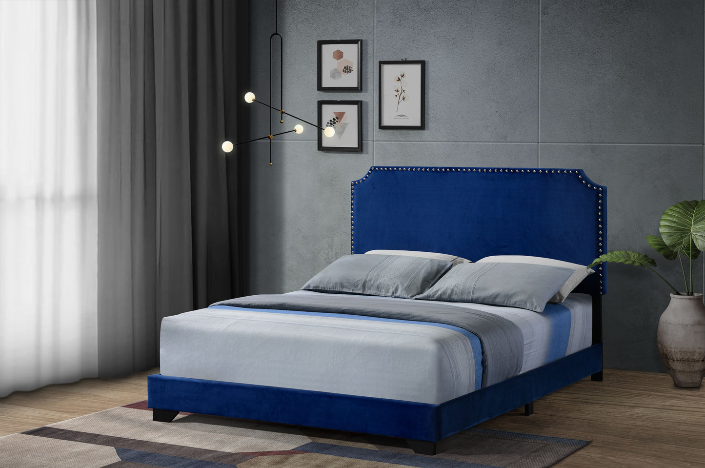 Haemon Blue Velvet Queen Bed