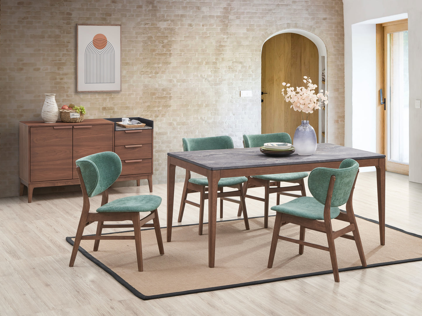 Bevis 5-Piece Walnut Finish Dining Set with Faux Marble Tabletop and Green Upholstered Chairs