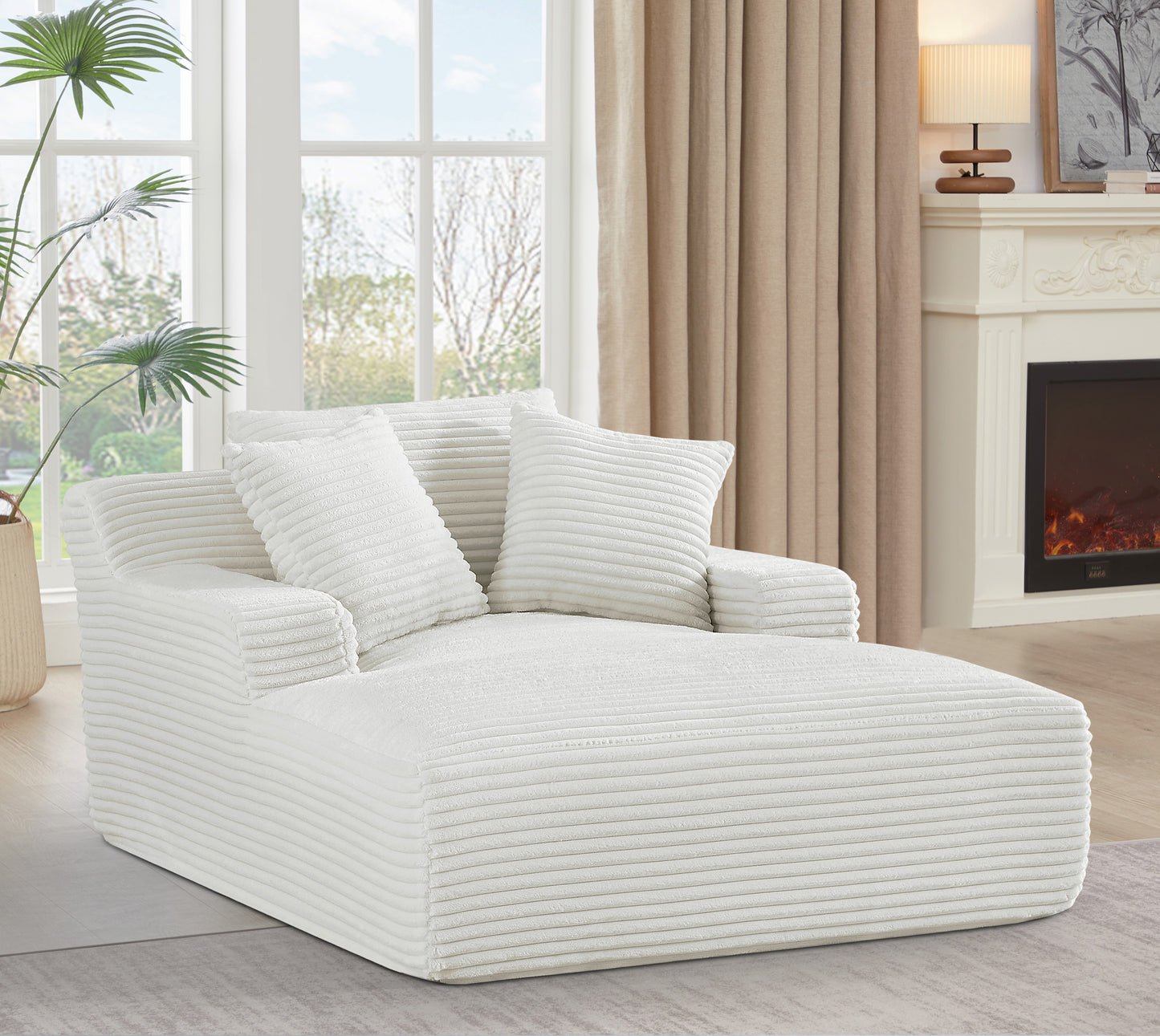 Living Room Ivory Corduroy Oversized Chaise Lounge Chair - Soft Sleeper Sofa, 2 Seats