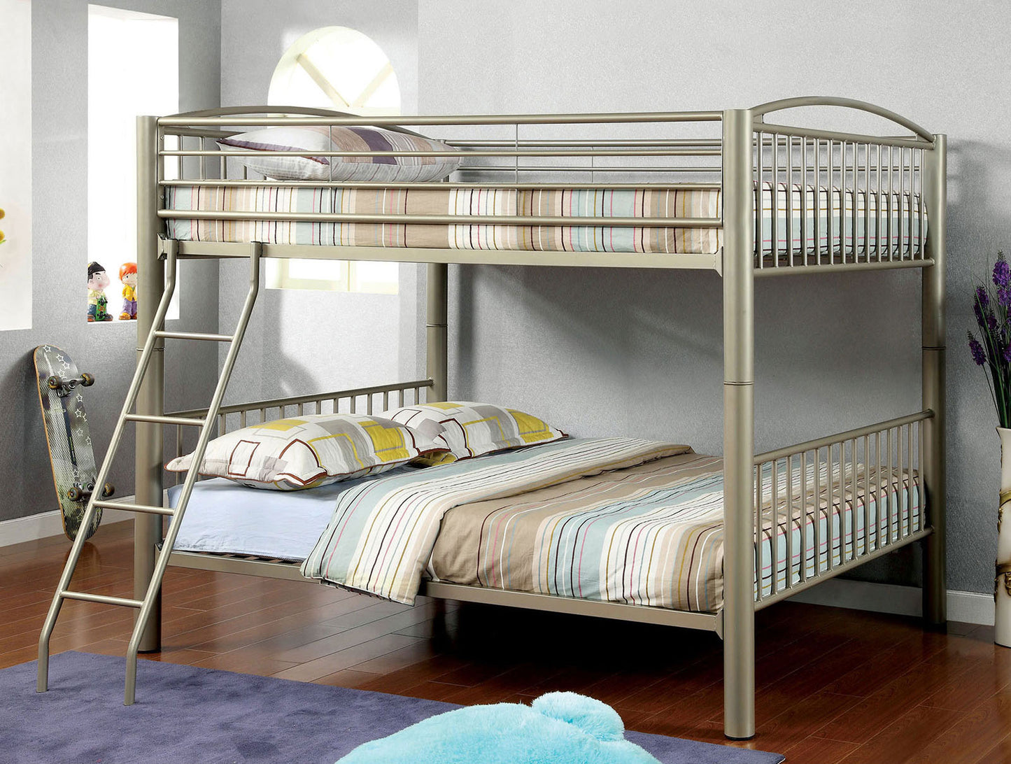 Metallic Gold Finish Contemporary Style Full Over Full Bunk Bed Full Metal Structure Movable Ladder Top Bed Rails Convert Into Two Separate Bed