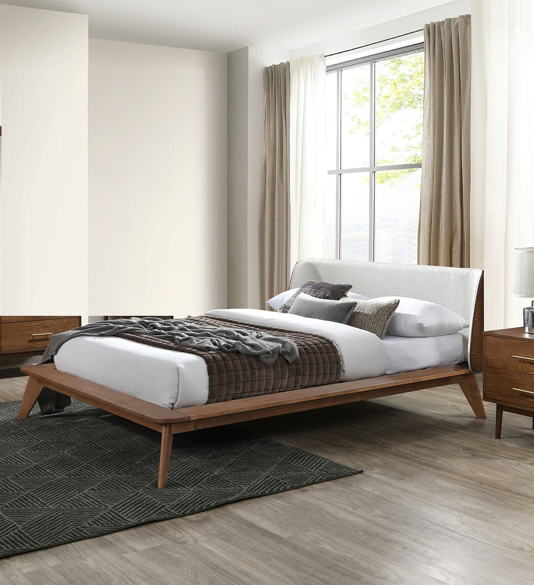 Full Size Walnut Bed Frame - Boucle Fabric for Bedroom