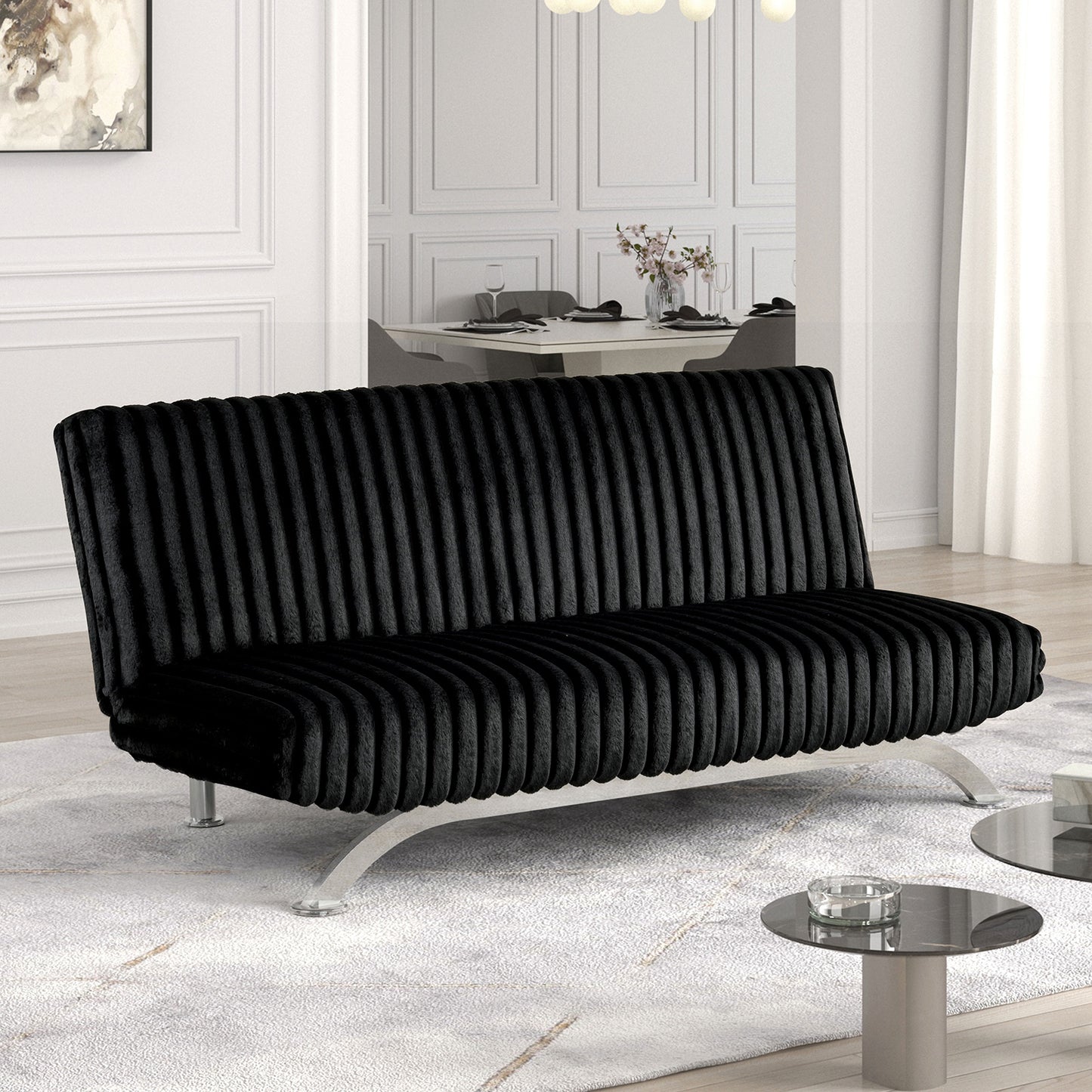 Futon Sofa Bed Contemporary Style Chrome Finish Metal Base Legs Converted Into Legs With Hidden supported Legs Black Finish