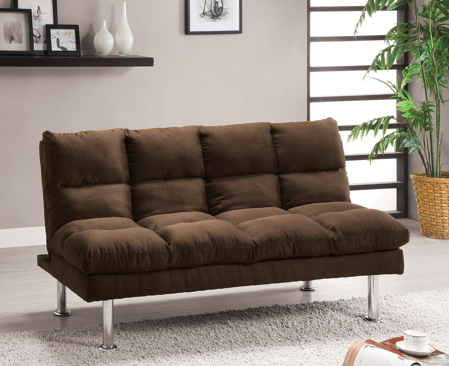 Contemporary Style Futon Sofa Bed Microfabric Converted Into Bed Wit Extra Leg Support Chrome Base Legs Dark Brown Finish
