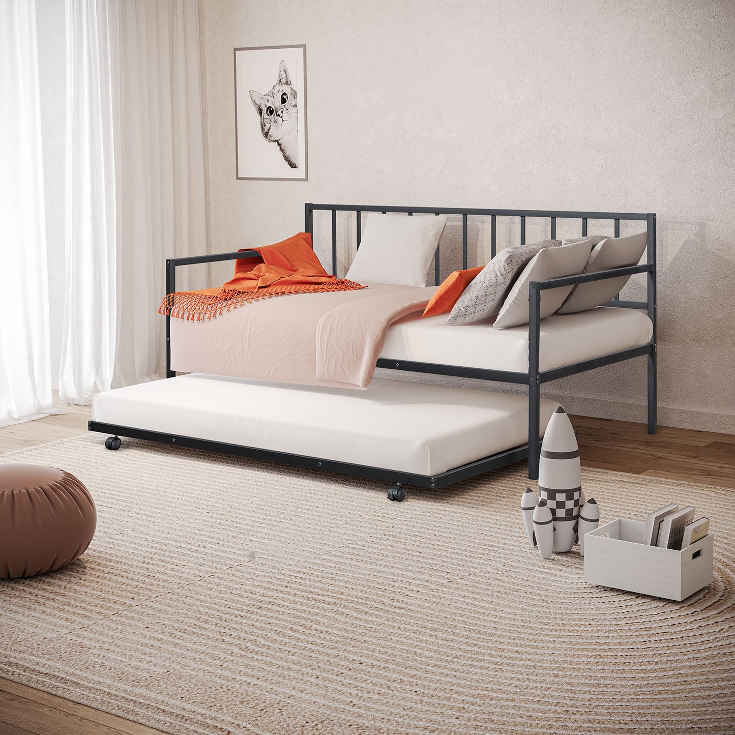 Contemporary Twin Daybed With Trundle - Black Metal Frame