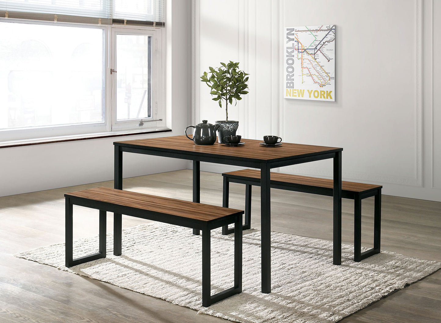 Industrial Style 3pc Dining Set 1x Dining Table 2x Bench U-Shape Metal Legs Wooden Top Walnut And Black Finish