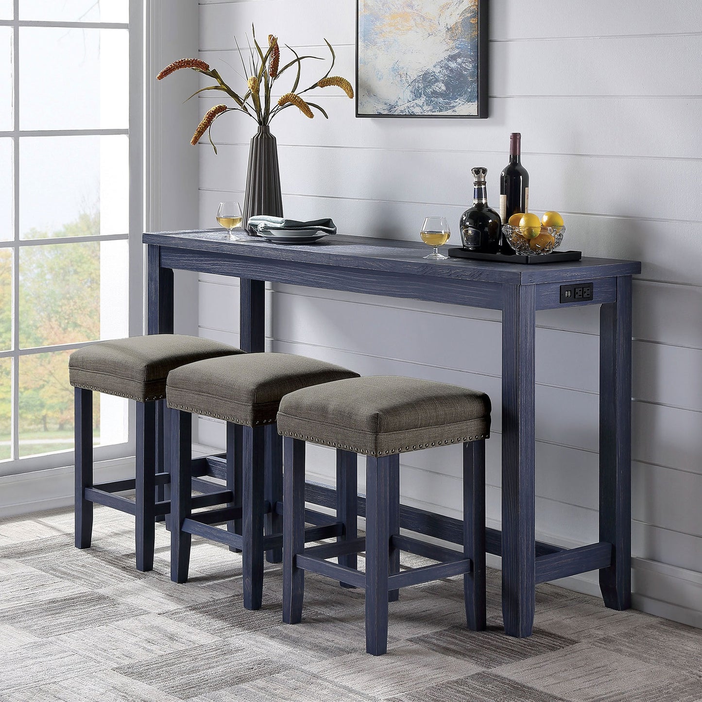 Antique Blue Gray Solid Wood Dining Table Set 4 Piece