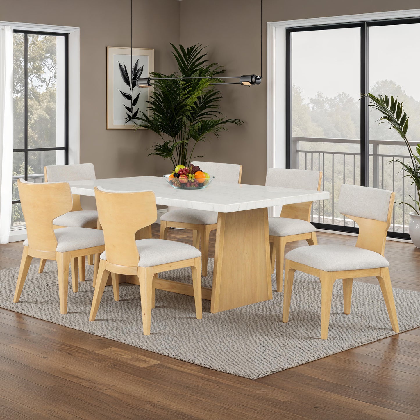 Contemporary Dining Chairs - Natural Fabric & Curved Wood