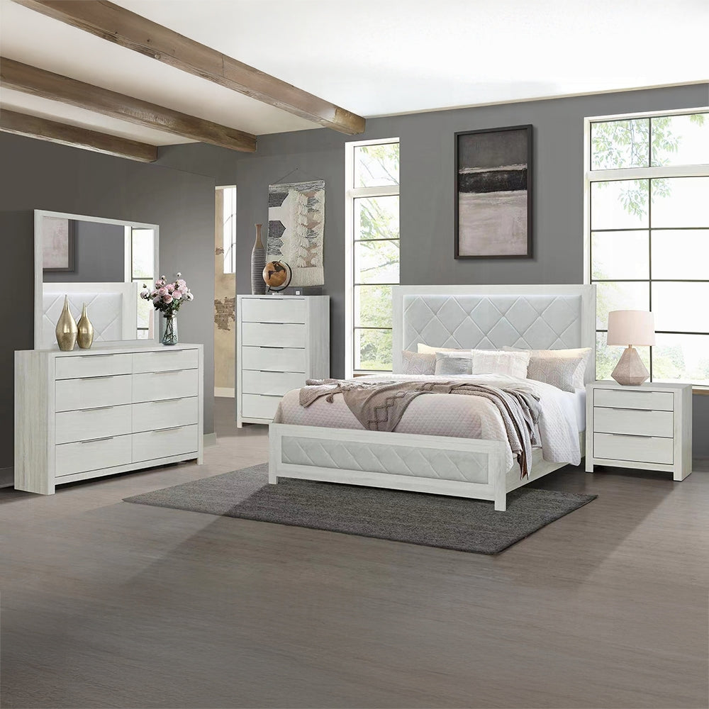 Queen Beige Wood Bed Frame with Tufted Headboard