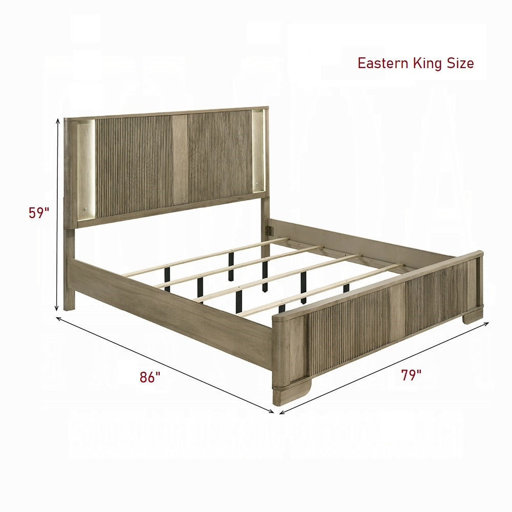 King Oak Wood Bed Frame with LED Headboard Transitional Rustic Style for Bedroom