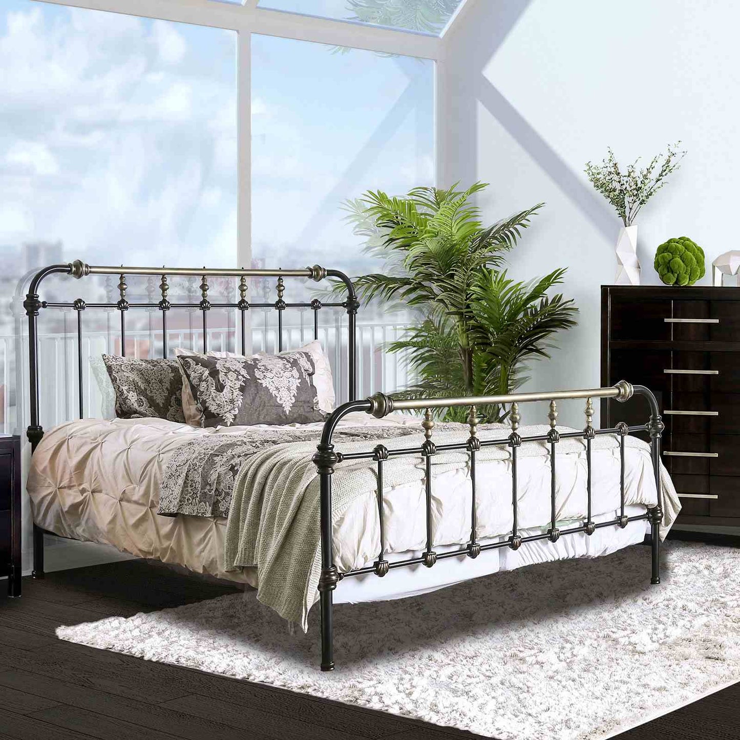 Transitional Style Antique Black 1pc Full Size Bed Hand-brushed Antique Gold Accents Bedroom Furniture