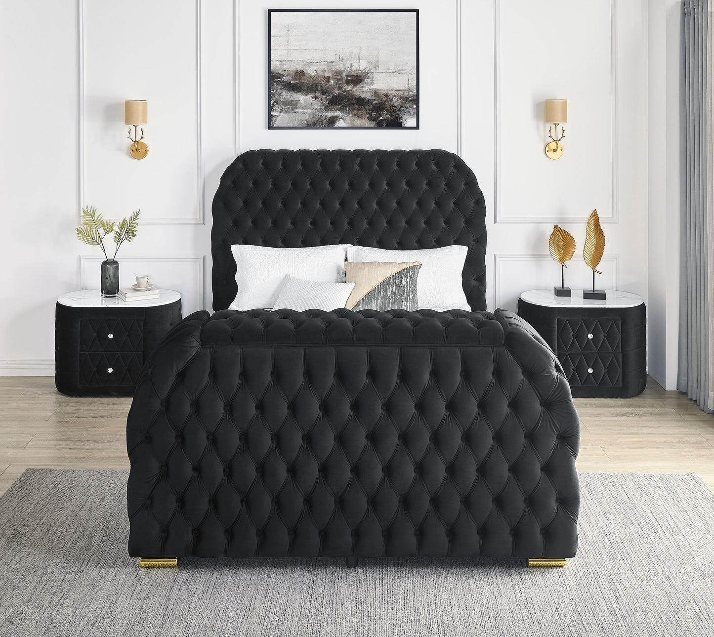 King Bed with Electric Fireplace & TV Lift, Black Velvet for Bedroom