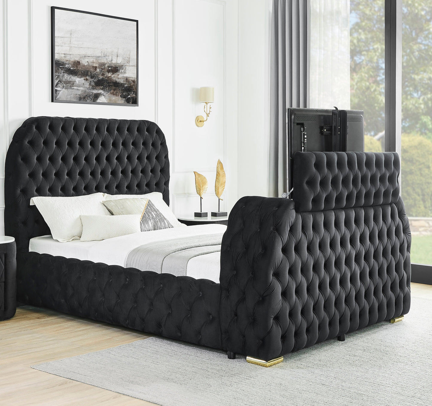1pc Luxurious Comfort Innovative Design King Bed Deeply Tufted Headboard Upholstered Black Velvet Television Lift Built-in Electric Fireplace Bedroom Furniture