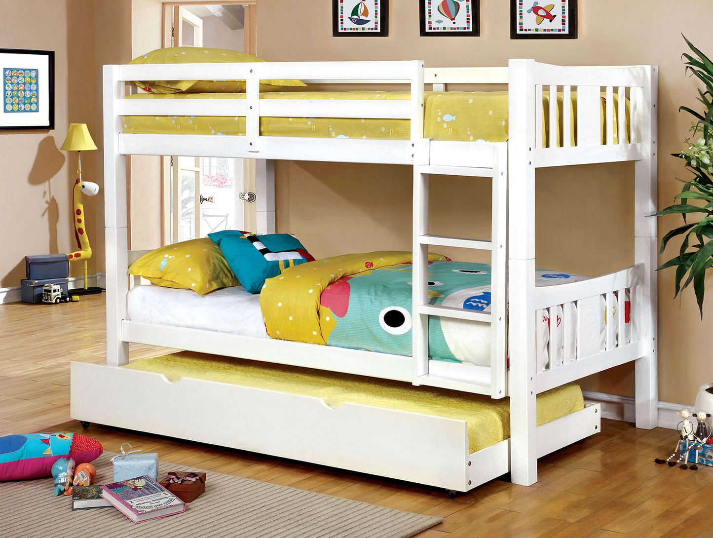 Transitional Style Wooden Bunk Bed Twin Over Twin Attached Footboard Ladder Rails And Lock Joint White Trundle-Not Included