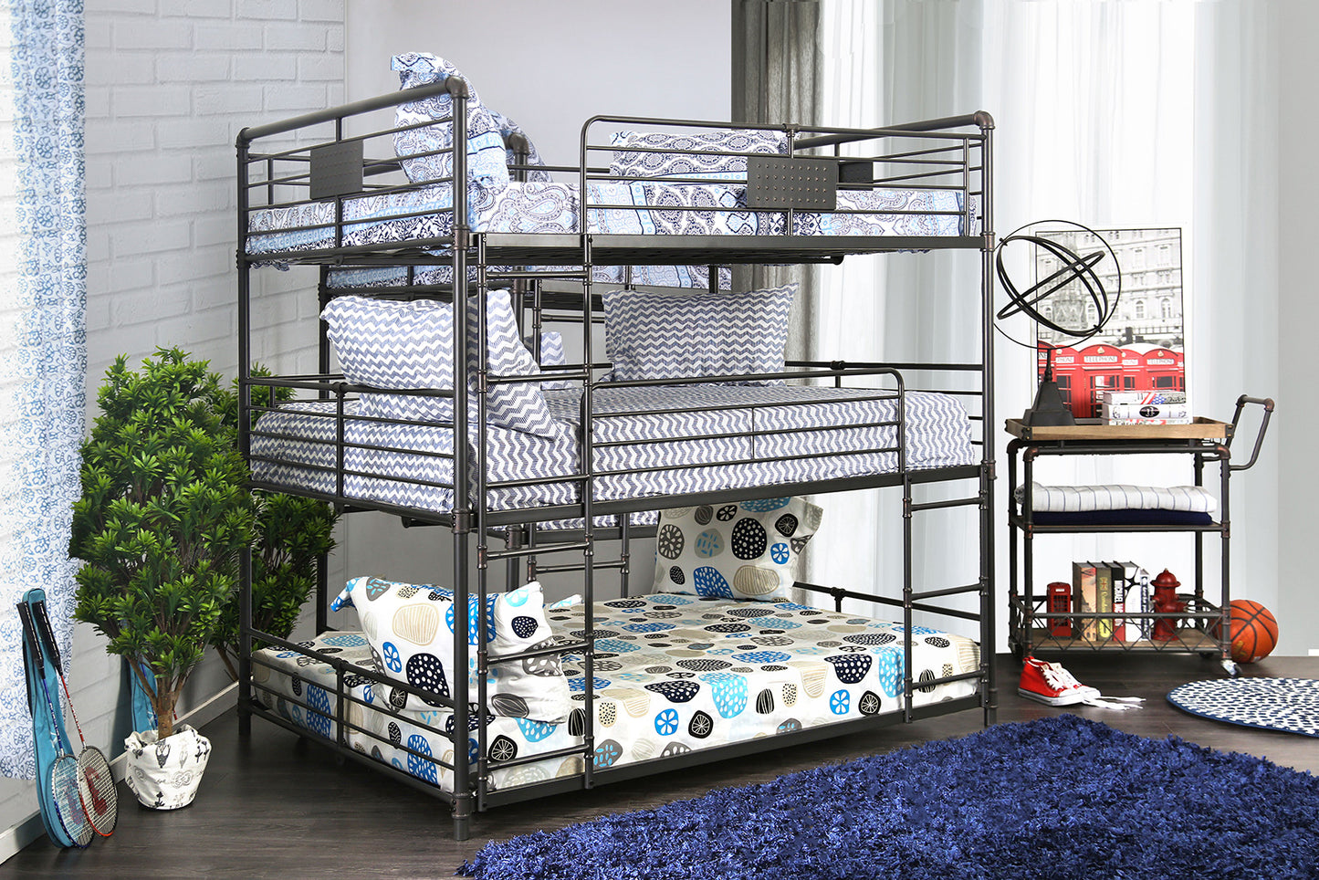 Industrial Style Bunk Bed Full Over Full Over Full Attached Dual Ladder Metal Structure Pipe Framework Upper Guard Rails Antique Black Finish