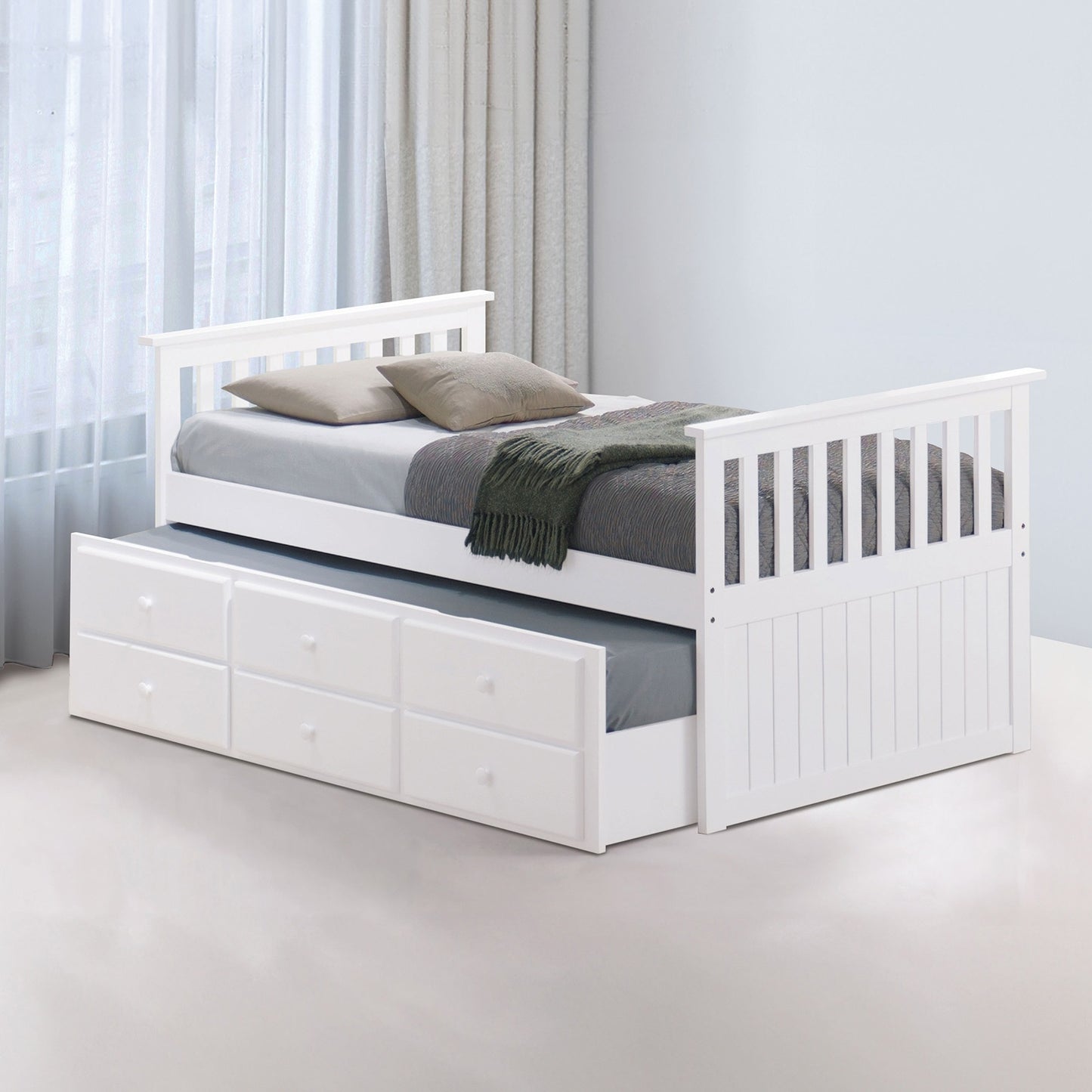 White Captain Bed Frame With Trundle & Storage