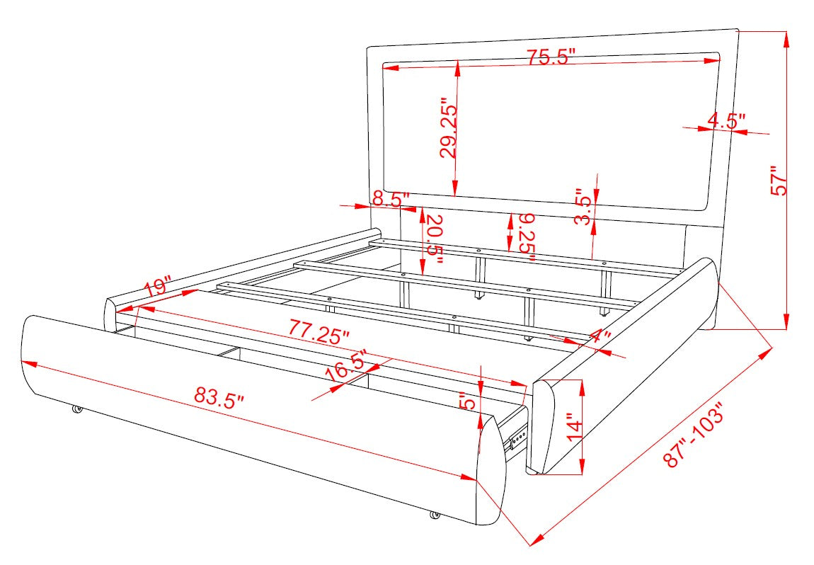 King Wood Bed Frame with Storage and Chenille Upholstery for Bedroom