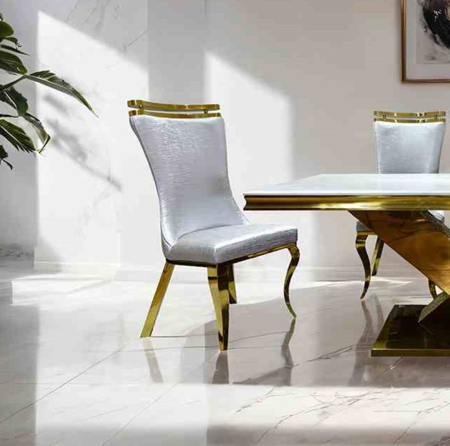 Silver Finish 2pc Side Chair Gold Legs Tiger Printed Upholstered Seat Dining Room