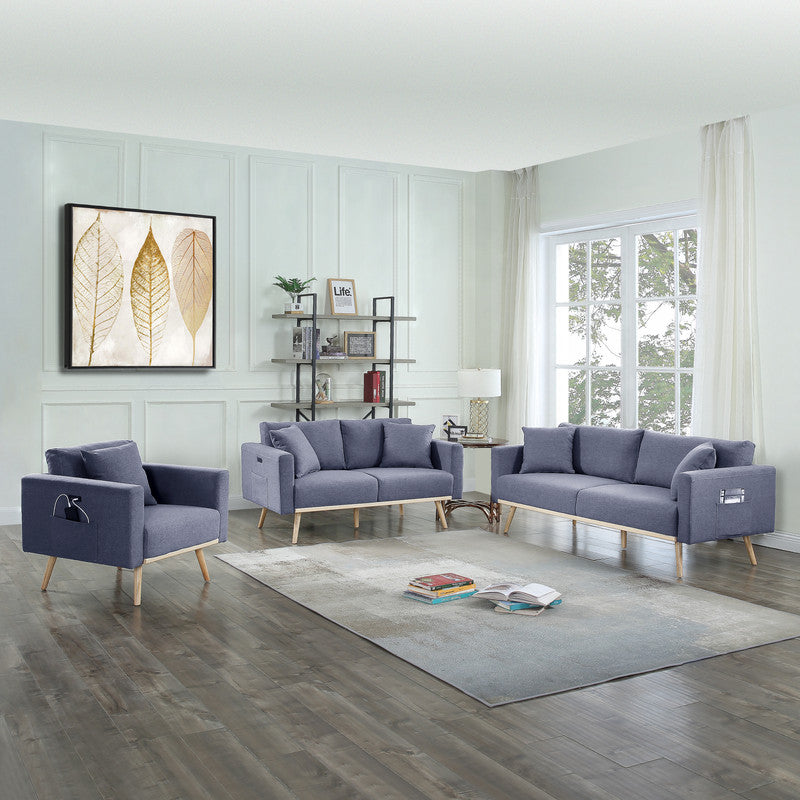 Elio Dark Gray Linen Fabric Sofa Loveseat Chair Living Room Set with USB Charging Ports Pockets & Pillows