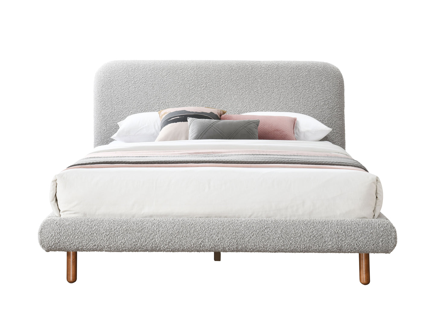 Grey Boucle Queen Bed - 88" Upholstered Frame for Bedroom