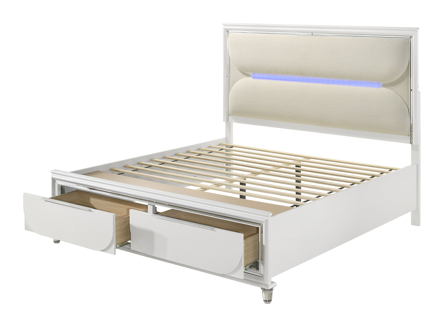 Tarian White Boucle & Pearl White Finish Queen Bed W/LED & Storage