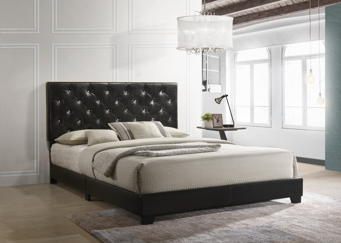Modern PU Leather Upholstered Platform Bed Frame with Tall Padded Headboard, Tufted Panel Headboard, Strong Wooden Slat Mattress Support System, No Box Spring Needed, Easy assembly