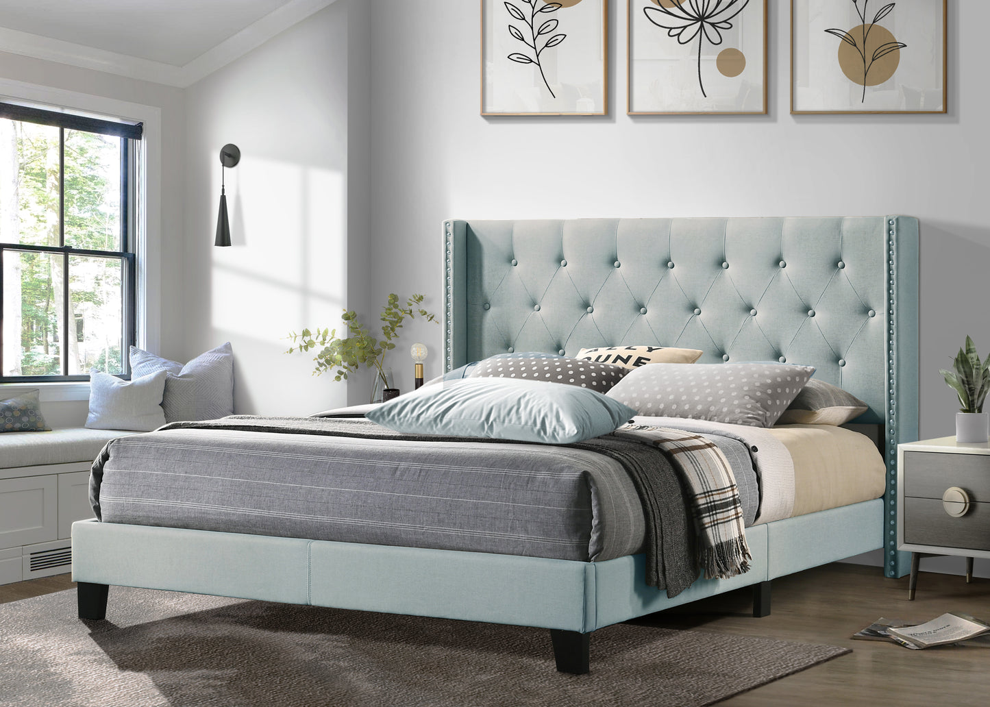 Modern Upholstered Platform Bed Frame with Linen Fiber Headboard, Wooden Slat Support, No Box Spring Needed, Sturdy Quiet Construction, Clean Contemporary Bedroom Design, Easy Assembly