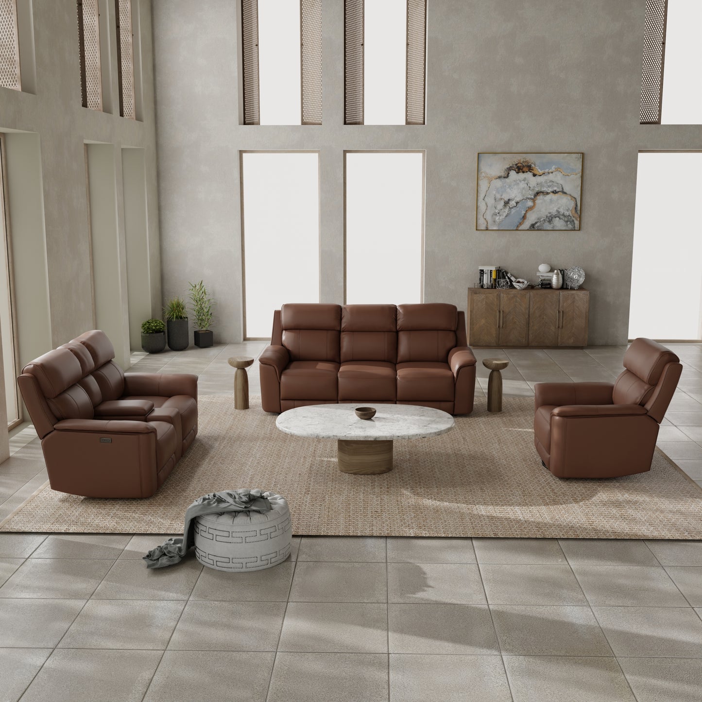 Oslo Dual Power Reclining Sofa and Love Seat with a Manual Swivel Glider Recliner in Pecan