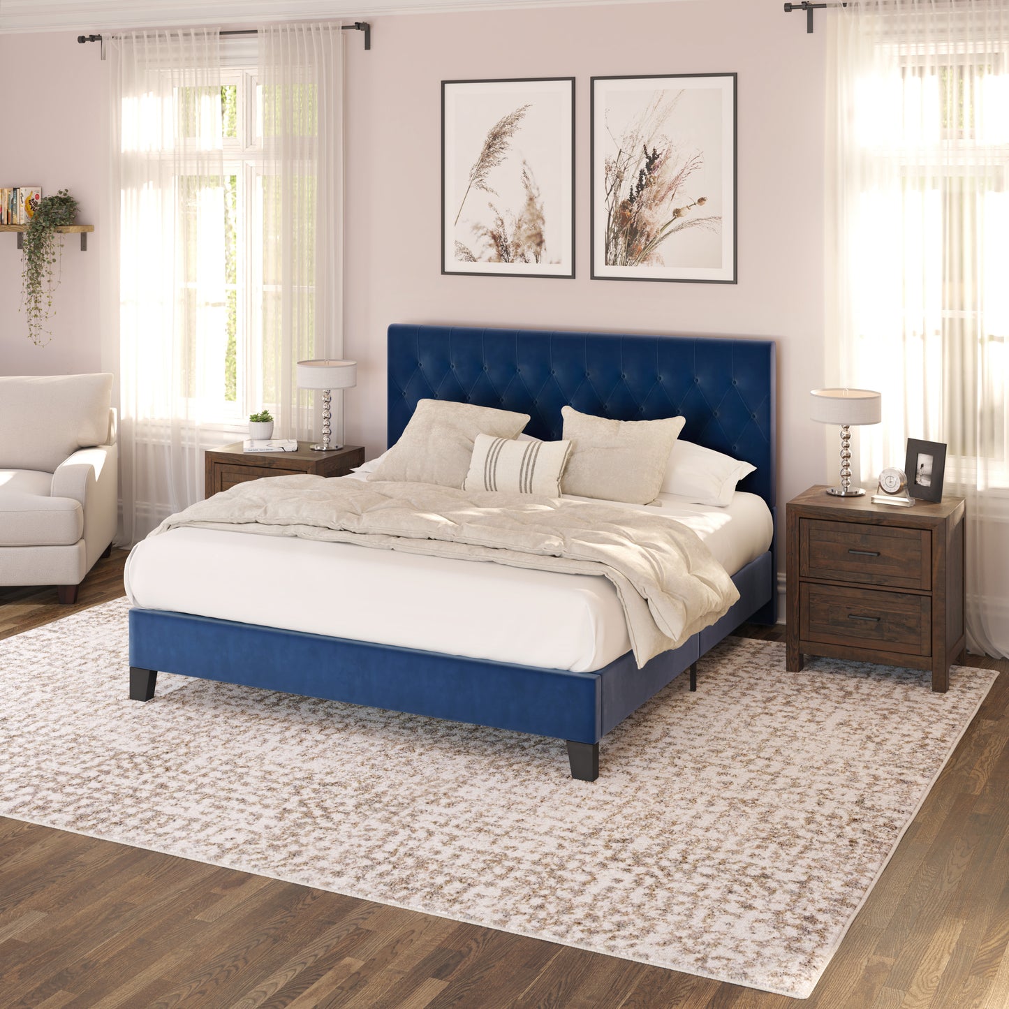 Blue Cal King Upholstered Bed