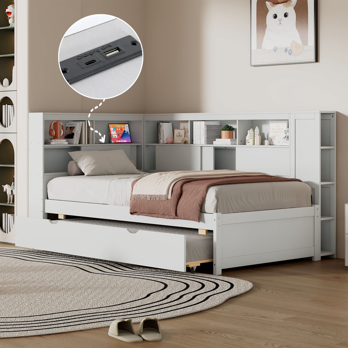 Twin Size Wood Daybed with Storage Shelves, USB and Trundle, White