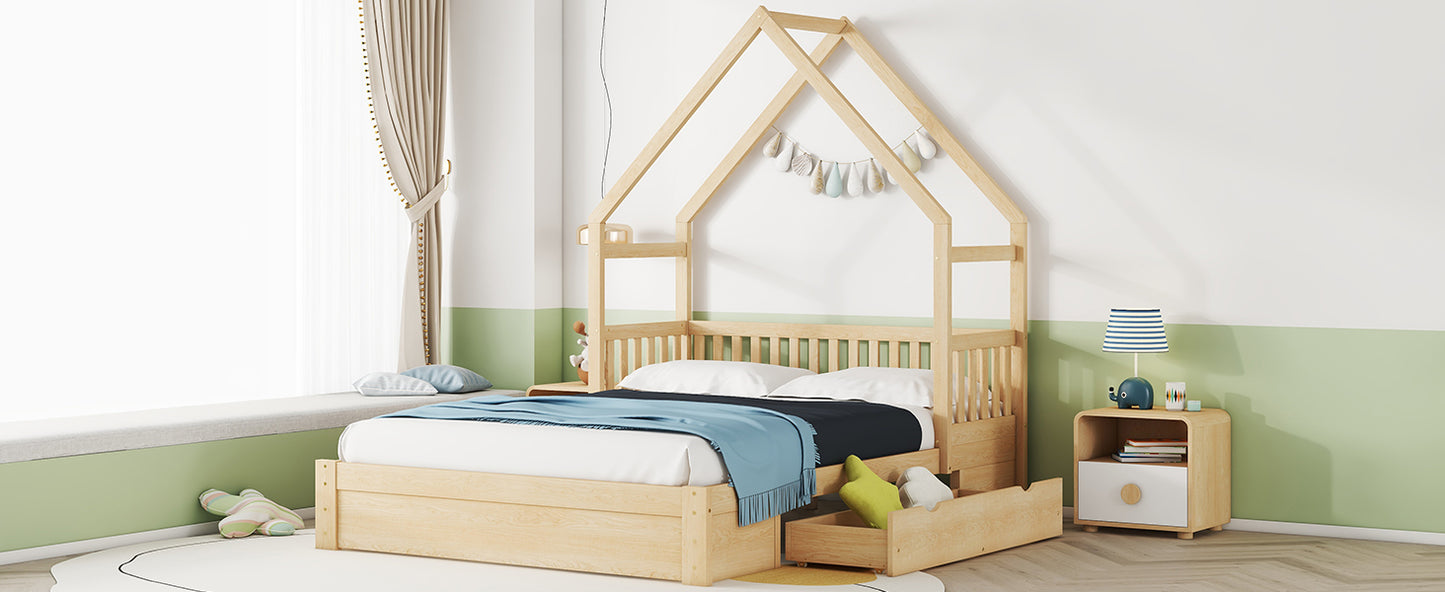 Queen Wood Bed Frame Natural with Drawers
