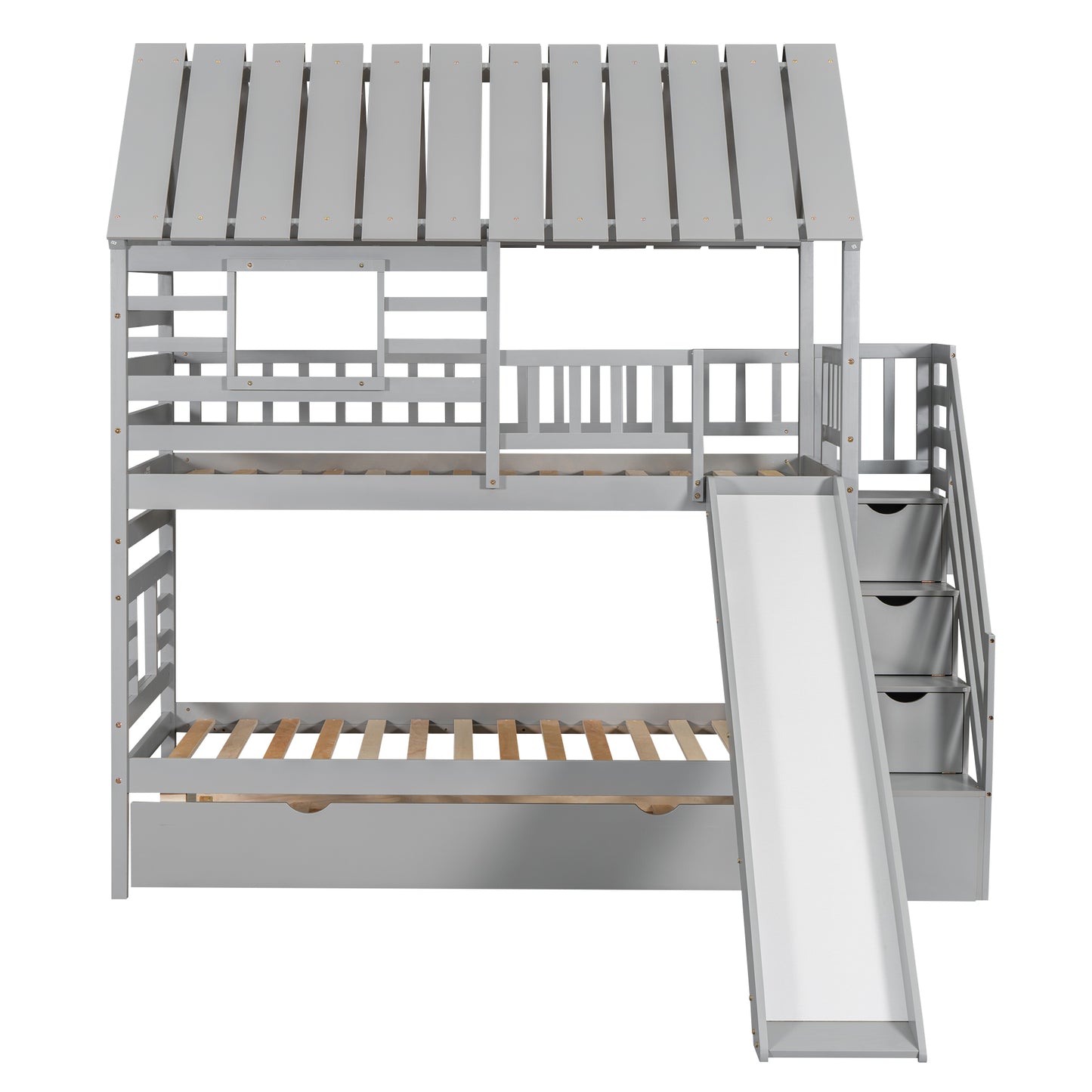 Twin Over Twin Bunk Bed - Gray Wood Frame for Bedroom