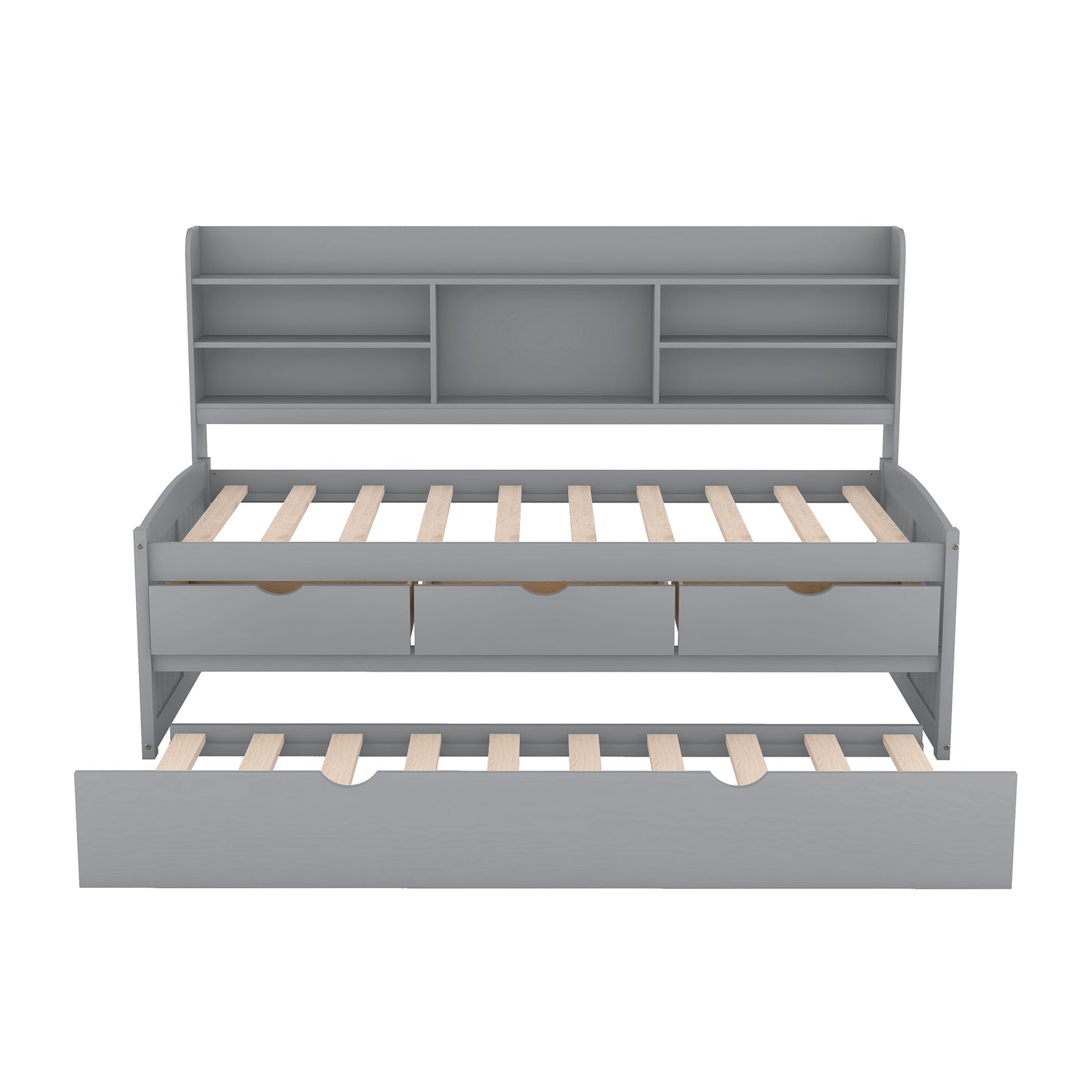 Twin Size Wooden Bed with Bookshelves & Trundle - Grey