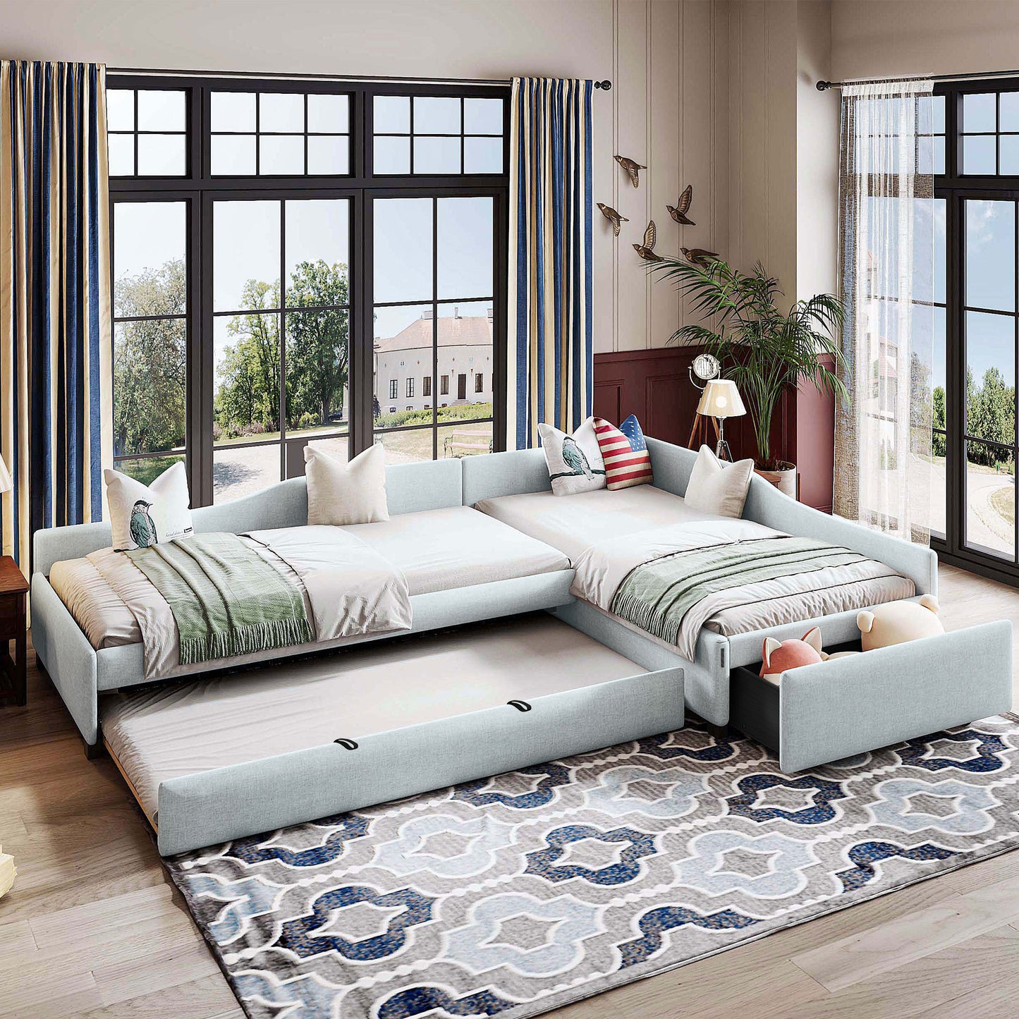 Upholstered Double Twin Size Daybed with Trundle and Drawer, Beige