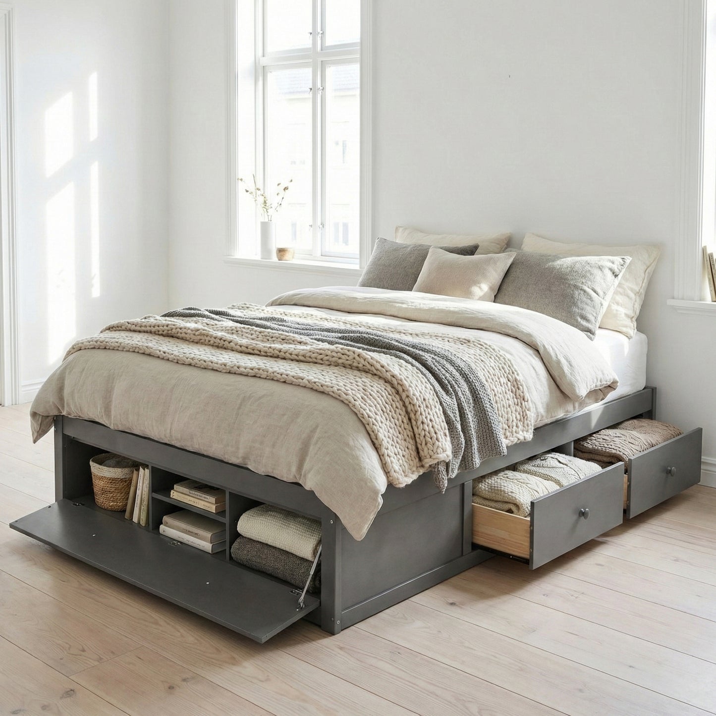 Queen Size Platform Bed Frame with 4 Storage Drawers and Hydraulic Lift Footboard Storage, No Headboard, Modern Space-Saving Design-Antique Gray