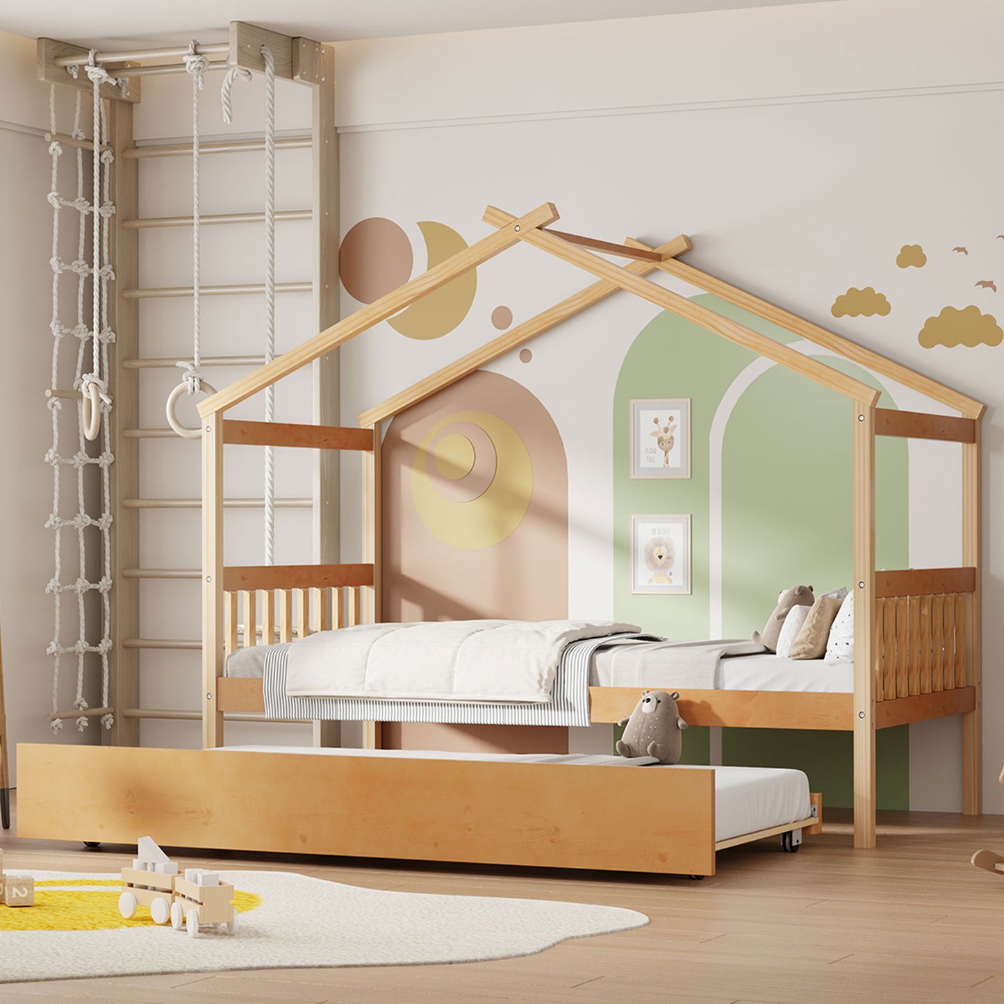 Twin Size Wooden House Bed with Twin Size Trundle, Natural(OLD SKU:WF300800AAN)