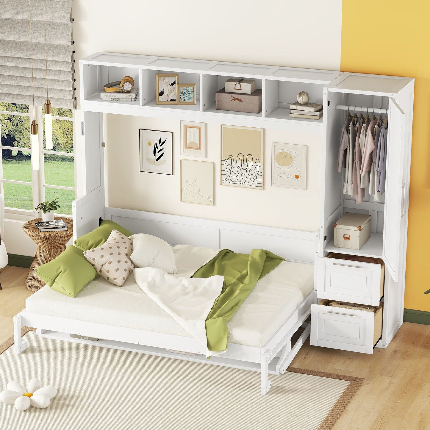 Queen Size Murphy Bed Wall Bed with Closet and Drawers,White(OLD SKU:LP000793AAK-2)