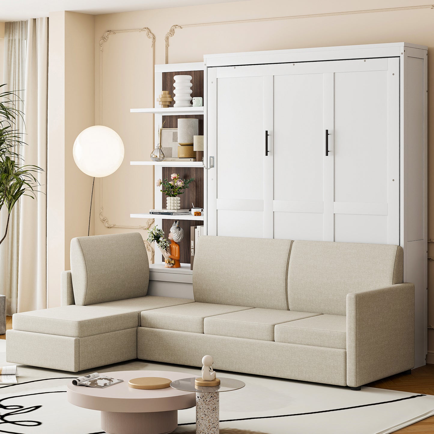Queen Size Murphy Bed Wall Bed with Sofa and Shelves,White(OLD SKU:LP000592AAK-2)