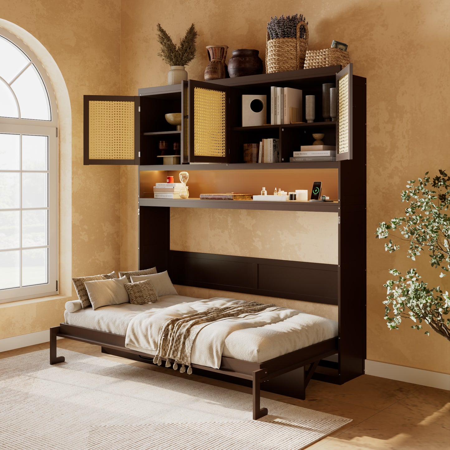 Twin Size Murphy Bed with Top Cabinet,Space Saving Foldable Bed with Light & USB,Espresso
