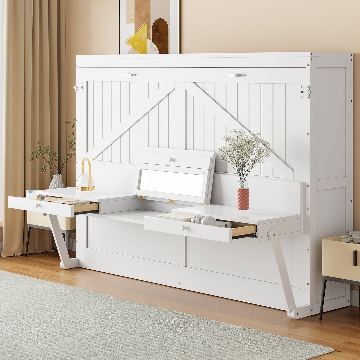 Queen Size Wall Murphy Bed with Storage, Foldable Cabinet Bed with Vanity Desk, Center Mirror & 2 Side Drawers, White(OLD SKU:LP000766AAK)