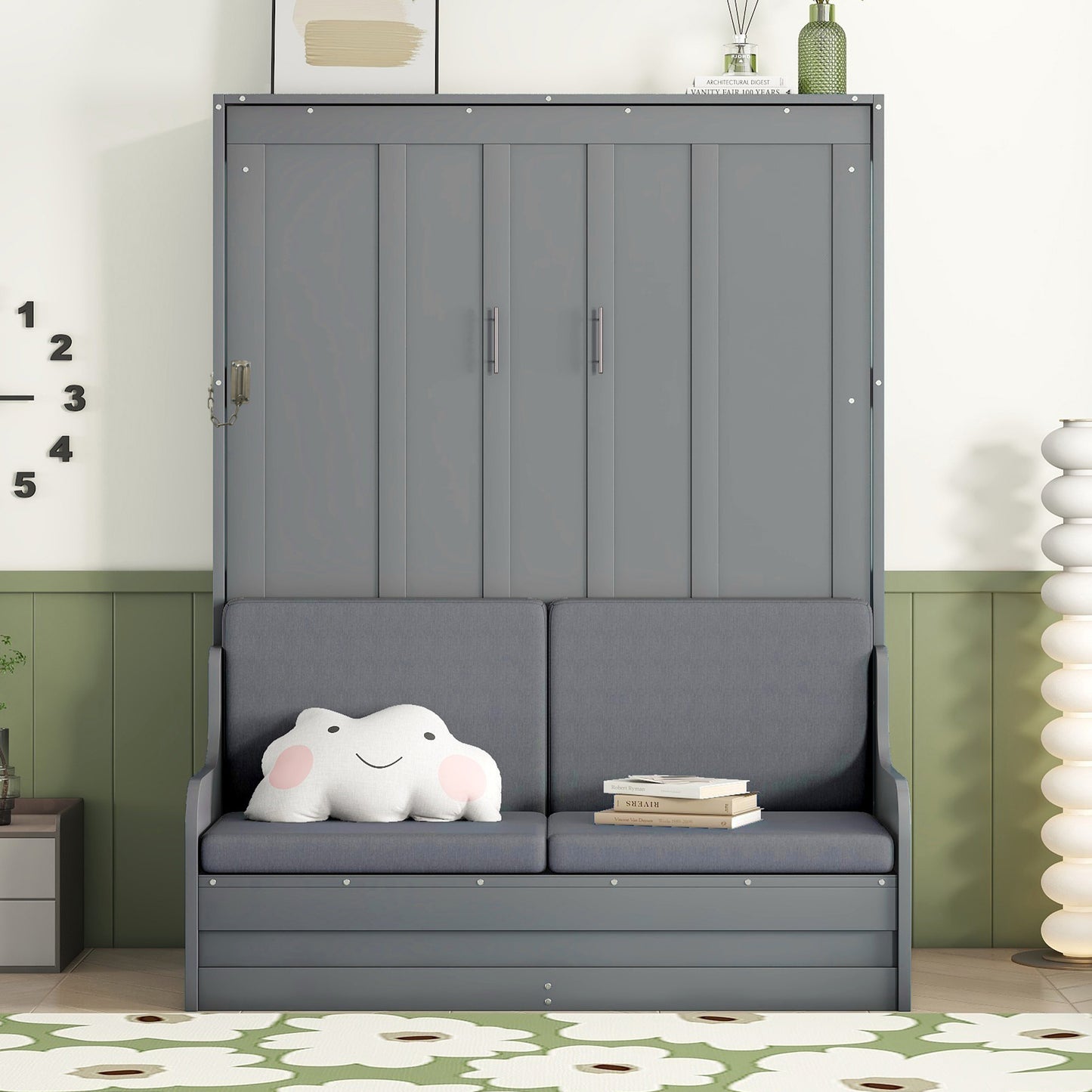 Queen Size Murphy Bed Wall Bed with Cushion,Gray(OLD SKU:LP000791AAE-2)